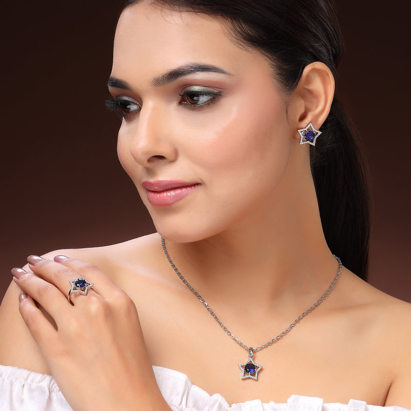 Rhodium Plated Silver Toned Star Shaped Blue & White American Diamond Studded Pendant Combo With Ring