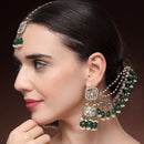 Traditional Gold Plated Kundan Studded Green & White Pearl Beaded Maang Tikka And Jhumkas With Multi Layered Ear Chain