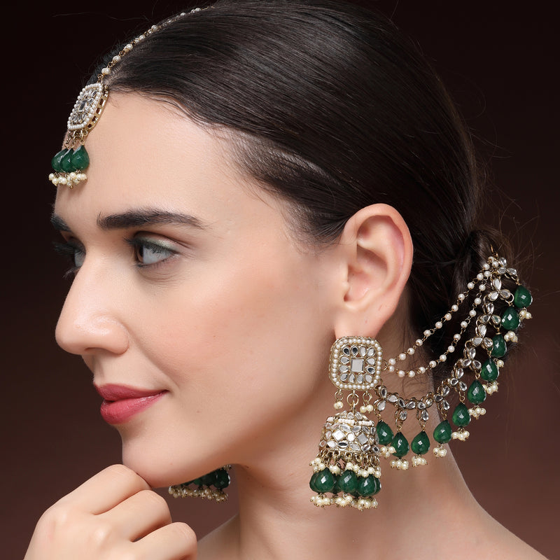 Traditional Gold Plated Kundan Studded Green & White Pearl Beaded Maang Tikka And Jhumkas With Multi Layered Ear Chain