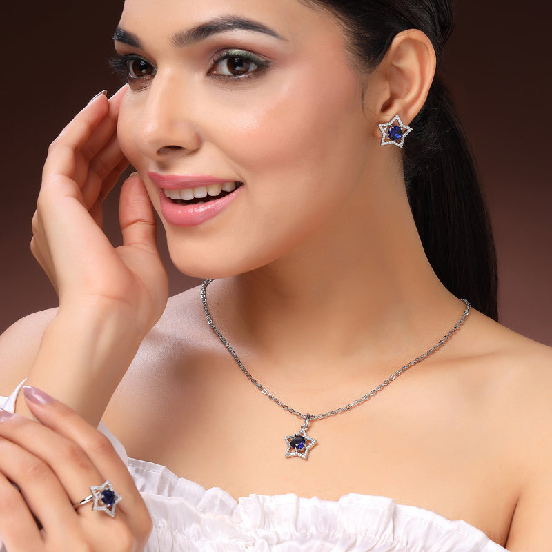 Rhodium Plated Silver Toned Star Shaped Blue & White American Diamond Studded Pendant Combo With Ring