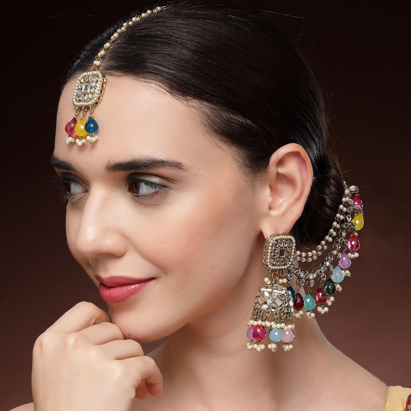 Traditional Gold Plated Kundan Studded And Multicolor Beaded Maang Tikka And Jhumkas With Multi Layered Ear Chain