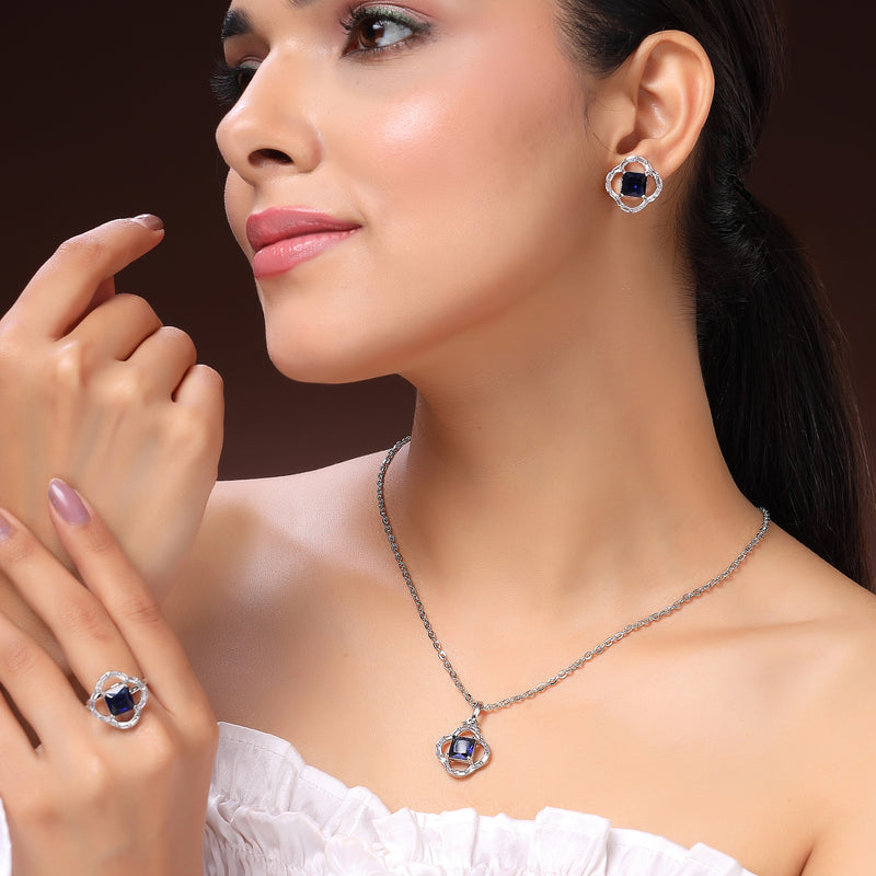 Rhodium Plated Silver Toned Square Shaped Blue & White American Diamond Studded Pendant Combo With Ring