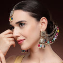 Traditional Gold Plated Kundan Studded And Multicolor Beaded Maang Tikka And Jhumkas With Multi Layered Ear Chain