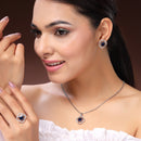 Rhodium Plated Silver Toned Square Shaped Blue & White American Diamond Studded Pendant Combo With Ring