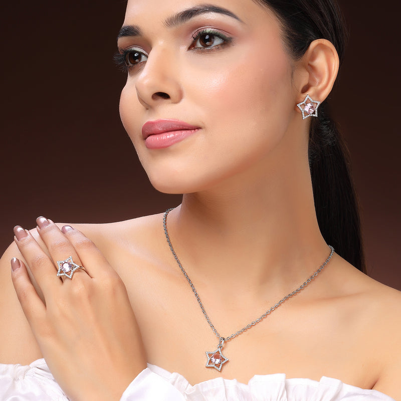 Rhodium Plated Silver Toned Star Pink & White American Diamond Studded Pendant Combo With Ring