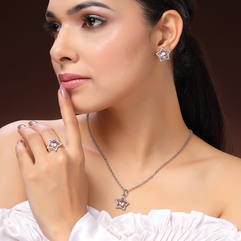 Rhodium Plated Silver Toned Star Pink & White American Diamond Studded Pendant Combo With Ring