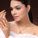 Rhodium Plated Silver Toned Square Shaped Sea Green & White American Diamond Studded Pendant Combo With Ring