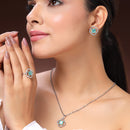 Rhodium Plated Silver Toned Square Shaped Sea Green & White American Diamond Studded Pendant Combo With Ring