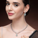 Rhodium Plated Silver Toned Teardrop Shaped Green & White American Diamond Studded Jewellery Set