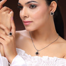 Rhodium Plated Silver Toned Square Shaped Black & White American Diamond Studded Pendant Combo With Ring