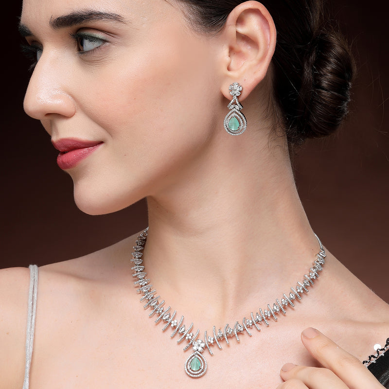 Rhodium Plated Silver Toned Teardrop Shaped Green & White American Diamond Studded Jewellery Set