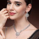 Rhodium Plated Silver Toned Ornate Shaped White American Diamond Studded Jewellery Set