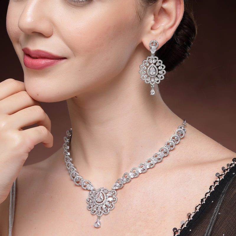 Rhodium Plated Silver Toned Ornate Shaped White American Diamond Studded Jewellery Set