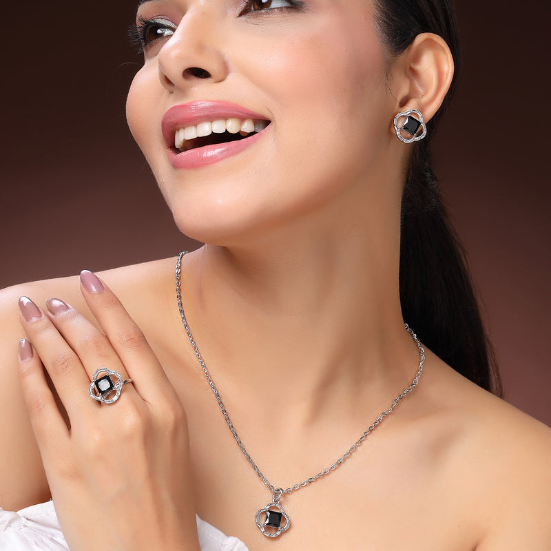 Rhodium Plated Silver Toned Square Shaped Black & White American Diamond Studded Pendant Combo With Ring