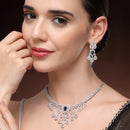 Rhodium Plated Silver Toned Teardrop Shaped Blue & White American Diamond Studded Jewellery Set