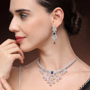 Rhodium Plated Silver Toned Teardrop Shaped Blue & White American Diamond Studded Jewellery Set