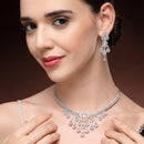 Rhodium Plated Silver Toned Teardrop Shaped Pink & White American Diamond Studded Jewellery Set