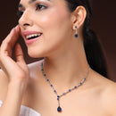 Rhodium Plated Silver Toned Teardrop Shaped Blue & White American Diamond Studded Jewellery Set