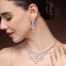 Rhodium Plated Silver Toned Teardrop Shaped Pink & White American Diamond Studded Jewellery Set