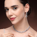 Rhodium Plated Silver Toned Teardrop Shaped Purple & White American Diamond Studded Jewellery Set