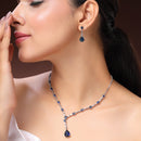Rhodium Plated Silver Toned Teardrop Shaped Blue & White American Diamond Studded Jewellery Set