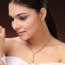 Rhodium Plated Silver Toned Teardrop Shaped Yellow & White American Diamond Studded Necklace With Earrings Jewellery Set