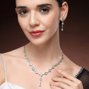 Rhodium Plated Silver Toned Circle Shaped Sea Green American Diamond Studded Jewellery Set