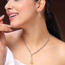 Rhodium Plated Silver Toned Teardrop Shaped Yellow & White American Diamond Studded Necklace With Earrings Jewellery Set