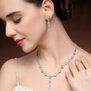 Rhodium Plated Silver Toned Circle Shaped Sea Green American Diamond Studded Jewellery Set