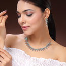 Rhodium Plated Silver Toned Sea Green And White American Diamond Studded Jewellery Set