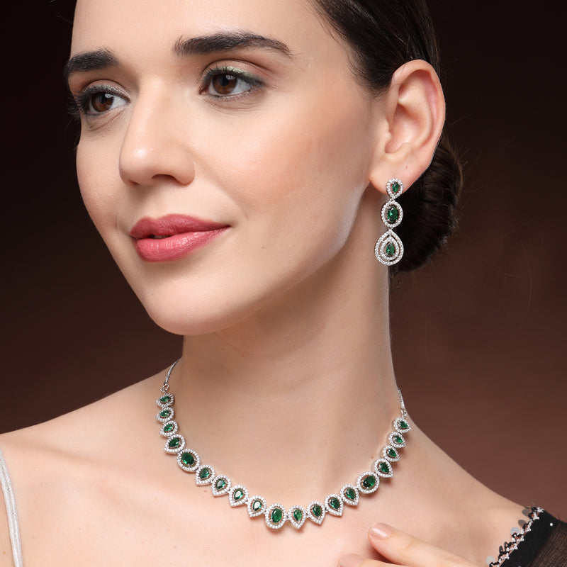 Rhodium Plated Silver Toned Teardrop Shaped Green & White American Diamond Studded Jewellery Set