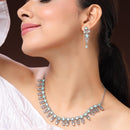 Rhodium Plated Silver Toned Sea Green And White American Diamond Studded Jewellery Set