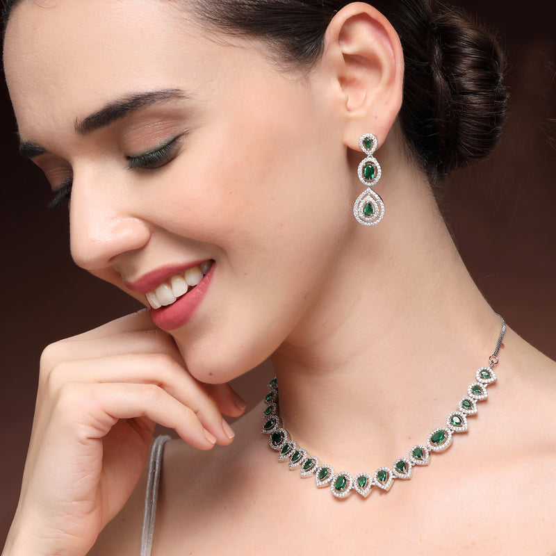 Rhodium Plated Silver Toned Teardrop Shaped Green & White American Diamond Studded Jewellery Set