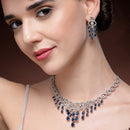 Rhodium Plated Silver Toned Floral Blue & White American Diamond Studded Jewellery Set