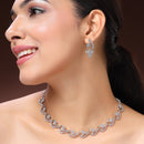 Rhodium Plated Silver Toned Floral Shaped White American Diamond Studded Jewellery Set