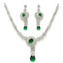 Rhodium Plated Silver Toned Teardrop Leaf Shaped Green & White American Diamond StuddedJewellery Set
