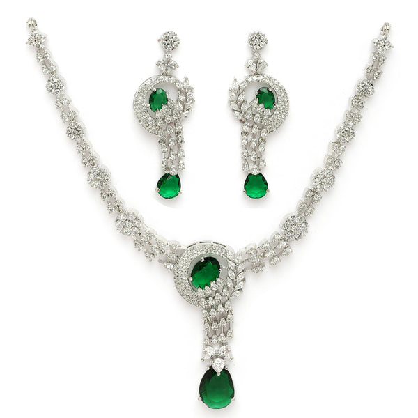 Rhodium Plated Silver Toned Teardrop Leaf Shaped Green & White American Diamond StuddedJewellery Set