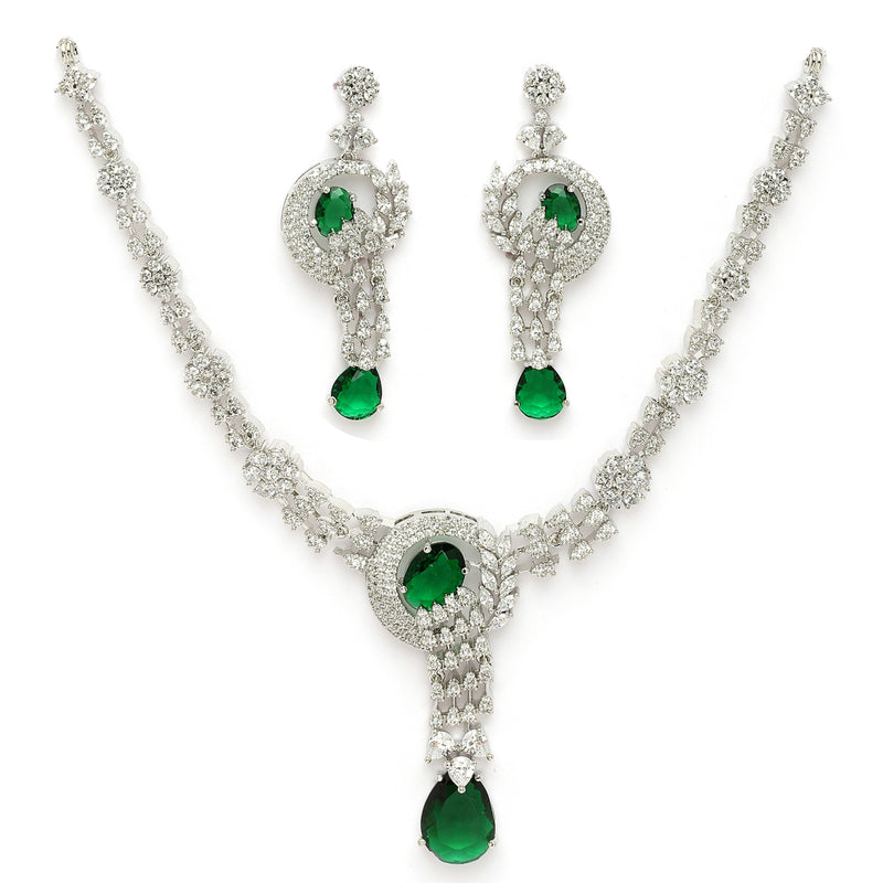 Rhodium Plated Silver Toned Teardrop Leaf Shaped Green & White American Diamond StuddedJewellery Set
