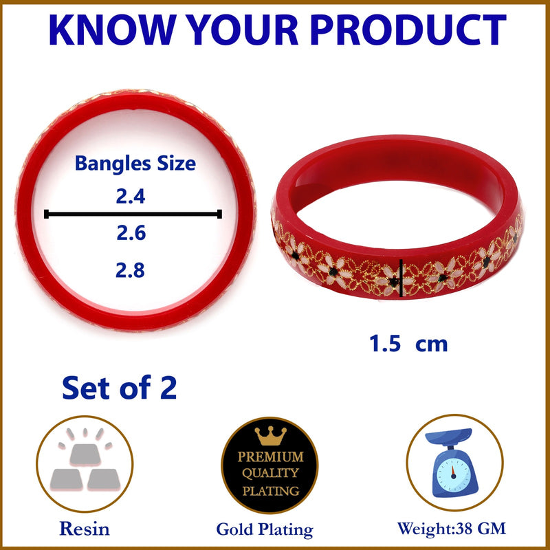 Set Of 2 Gold-Plated White & Green Flower Engraved Handcrafted Non Allergic Bangles