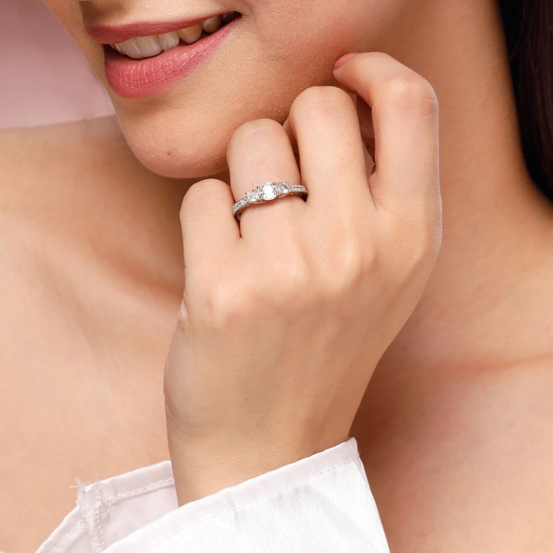 Rhodium Plated Silver Toned White American Diamond Studded Adjustable Ring