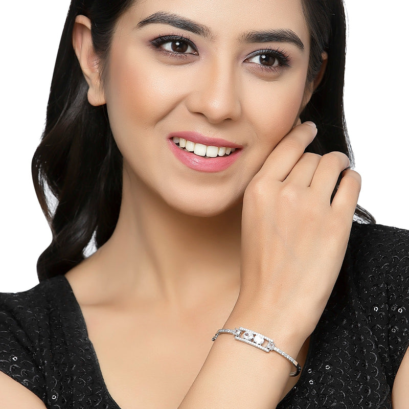 Rhodium-Plated Silver Toned Round Shaped White American Diamond Studded Kada Bracelet