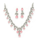 Rhodium Plated Silver Toned Leaf Teardrop Shaped Pink & White American Diamond Studded Jewellery Set