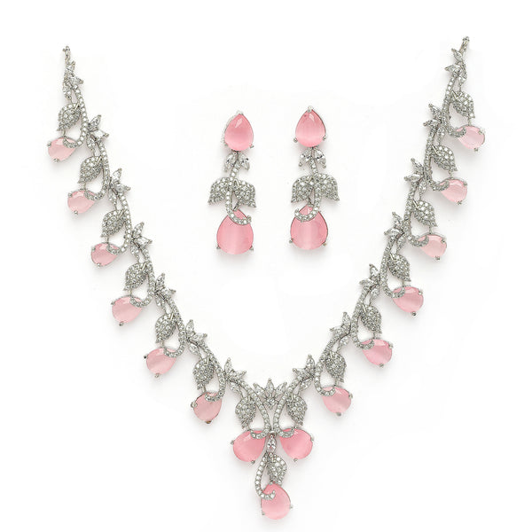 Rhodium Plated Silver Toned Leaf Teardrop Shaped Pink & White American Diamond Studded Jewellery Set