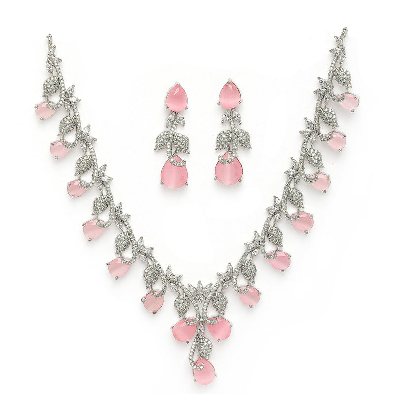 Rhodium Plated Silver Toned Leaf Teardrop Shaped Pink & White American Diamond Studded Jewellery Set
