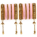 Gold-Plated Pink Matte Finish Velvet Cz Studded Tasselled Bangles Set Of 56