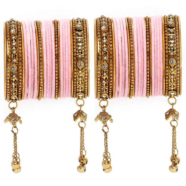 Gold-Plated Pink Matte Finish Velvet Cz Studded Tasselled Bangles Set Of 56