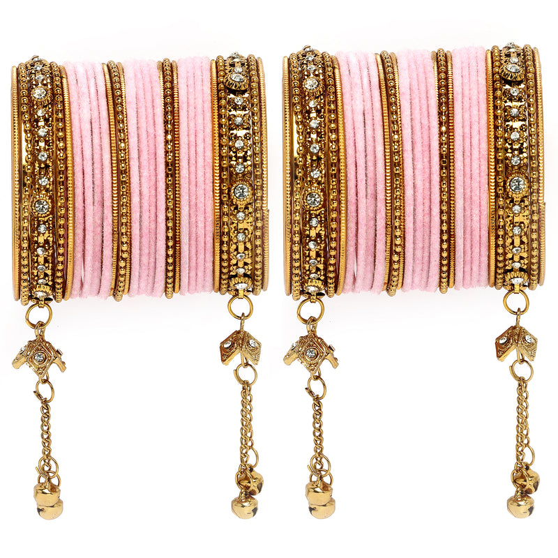 Gold-Plated Pink Matte Finish Velvet Cz Studded Tasselled Bangles Set Of 56