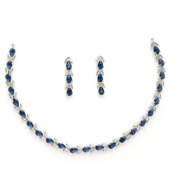 Rhodium Plated Silver Toned Teardrop Shaped Blue & White American Diamond Studded Jewellery Set