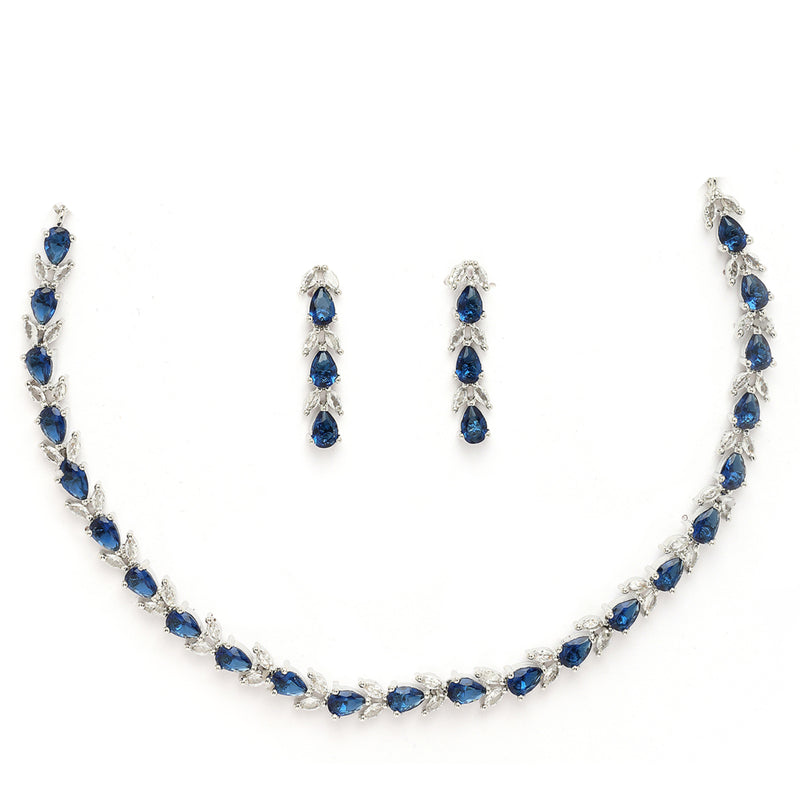 Rhodium Plated Silver Toned Teardrop Shaped Blue & White American Diamond Studded Jewellery Set