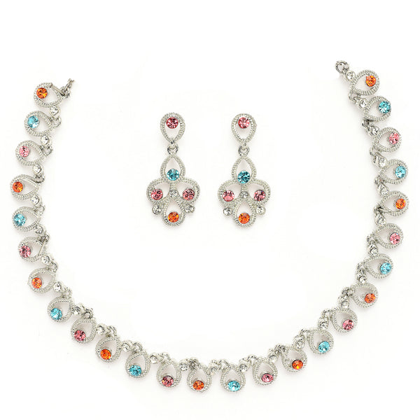 Rhodium Plated Silver Toned Teardrop Shaped Multicolor Cubic Zirconia Studded Jewellery Set